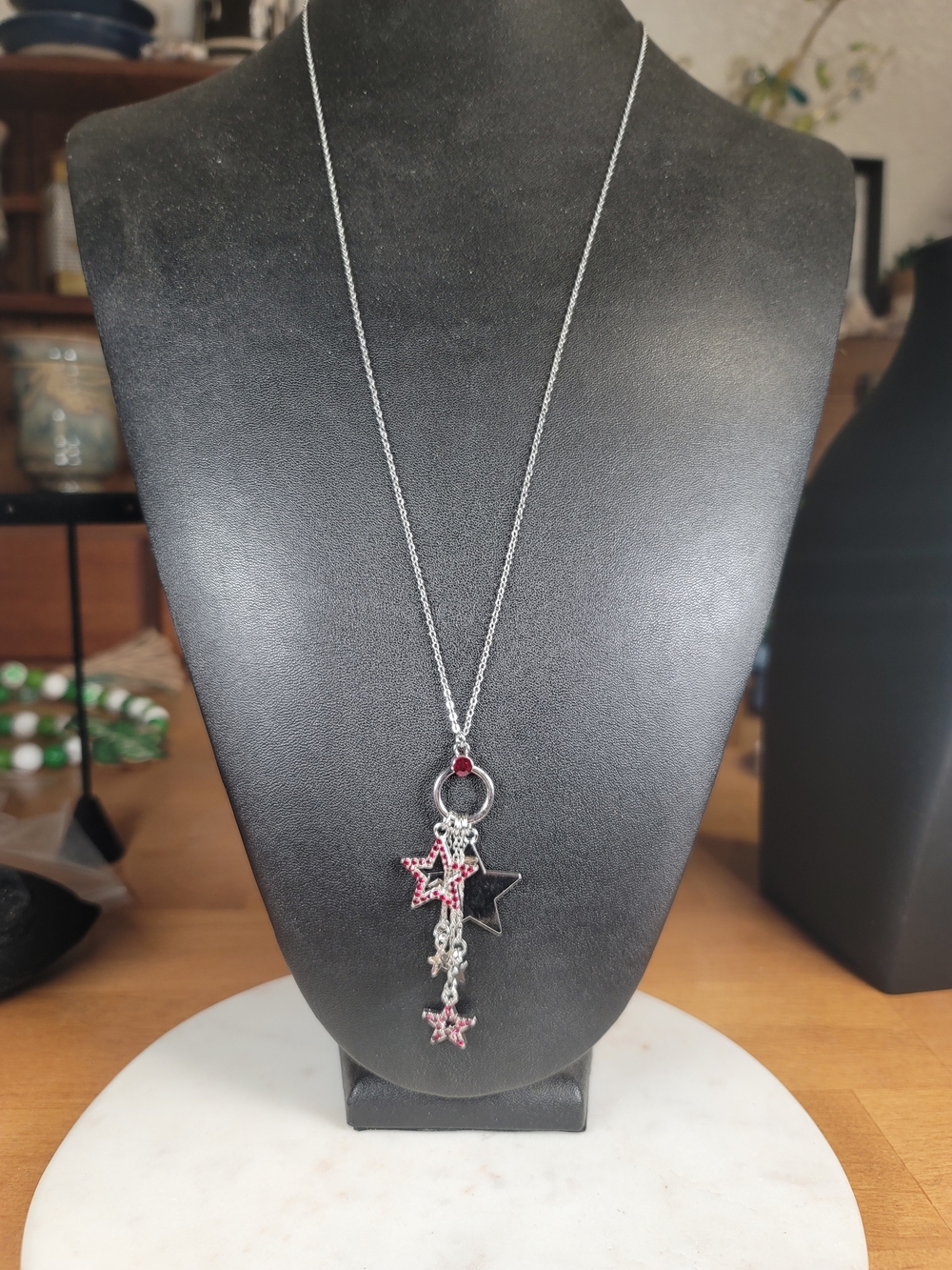 Silver Star Dangle Necklace with Red Accents